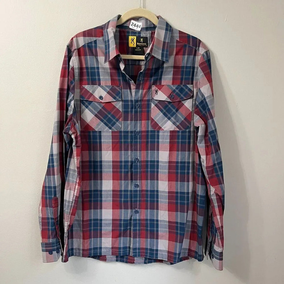 Browning Mens Red Blue Western Plaid Button Down Long Sleeve Shirt Large Pockets - Picture 4 of 9